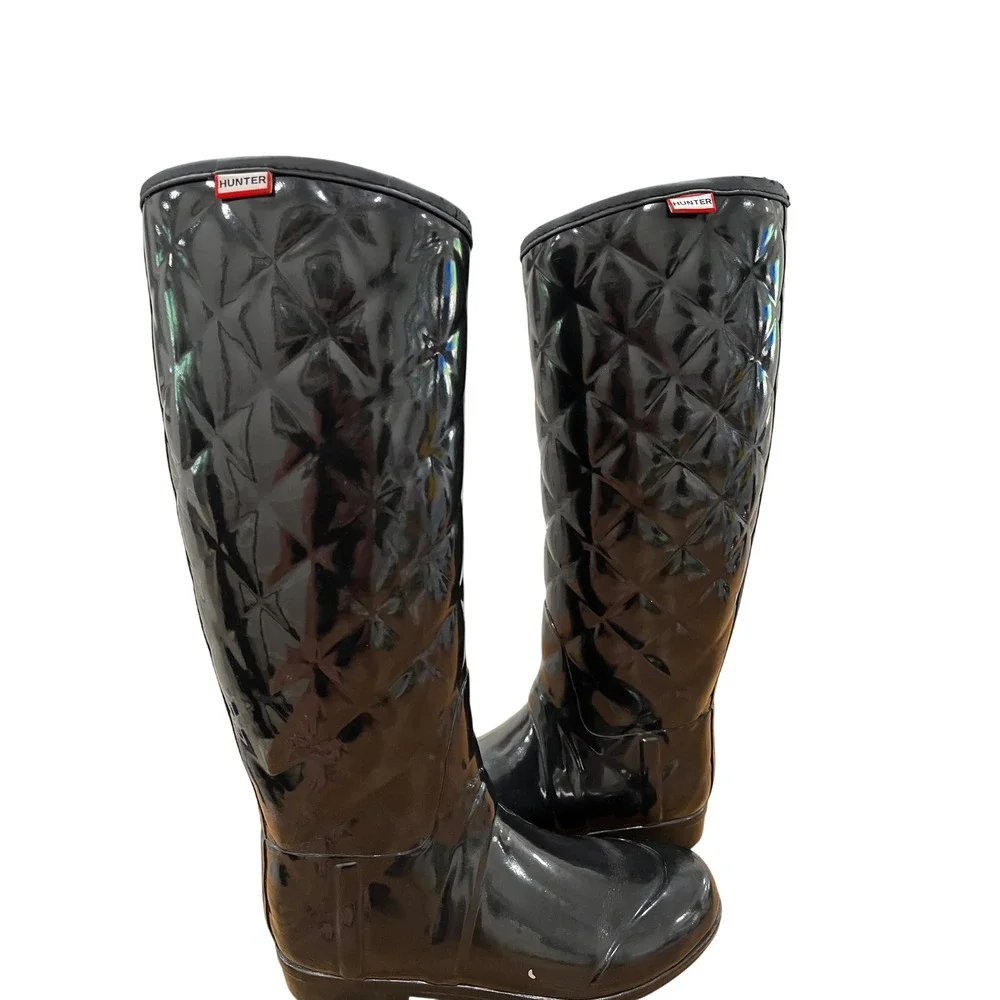Hunter Regent Savoy Black Gloss Quilted Tall Rain Boots Women 39